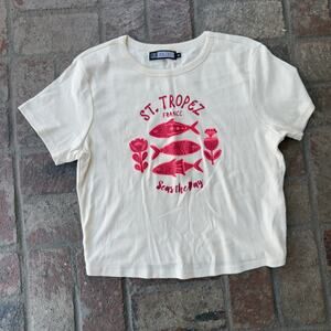 Girl Dangerous St Tropez France Fish Flower Printed T-Shirt Cropped Cream XL